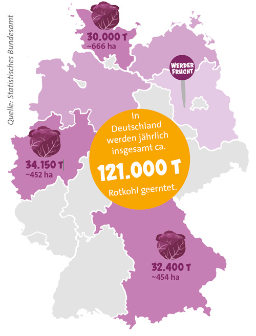Deutschlandkarte mit den größten Anbaugebieten von Rotkohl