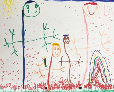 Lina, 5 Jahre, Regenbögen und viele bunte Blumen auf einer saftig grünen Wiese