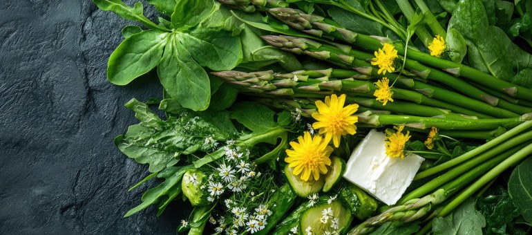 Auf einer schwarzen Schiefertafel liegen Spargel, Bärlauch, Spinat und Löwenzahnblüten